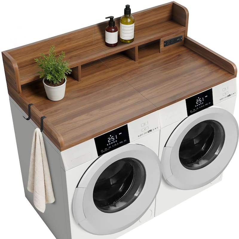 2-Tier Washer and Dryer Countertop with Power Outlet for Fold Clothes, Laundry Topper with Non-Slip Pads and Storage Basket