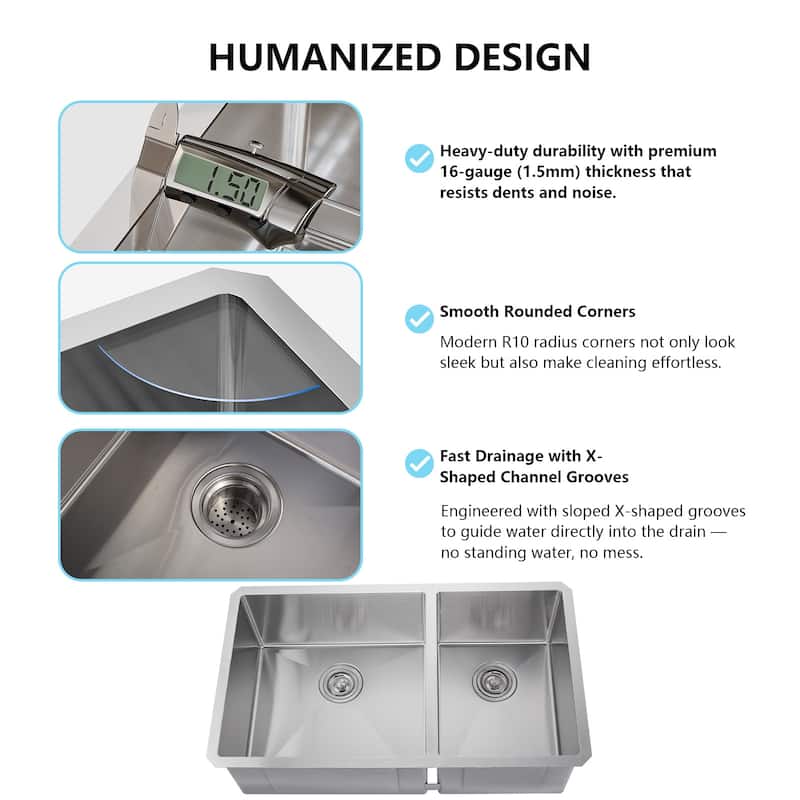 WOWOW 33" Drop-In Dual Bowl 16-Gauge Kitchen Sink