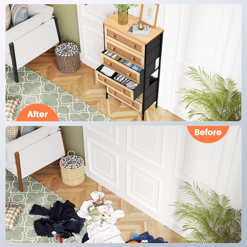 6-Drawer Dresser Chest PE Rattan Storage Tower Organizer Cabinet