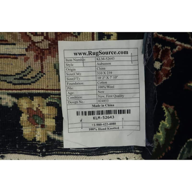 Hand Knotted Oriental 100% Wool Carpet Traditional All-Over Black Aubusson Area Rug - 10' 2'' X 7' 10''