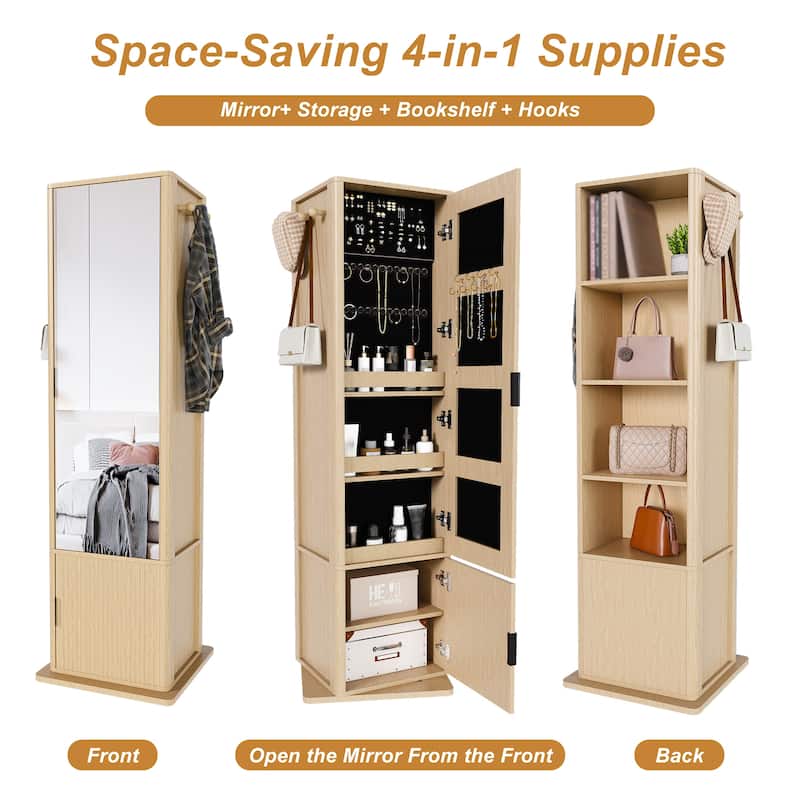 360° Rotating Makeup & Jewelry Cabinet with Full-Length Mirror - Standing Organizer with Coat Rack & 6-Tier Shelves