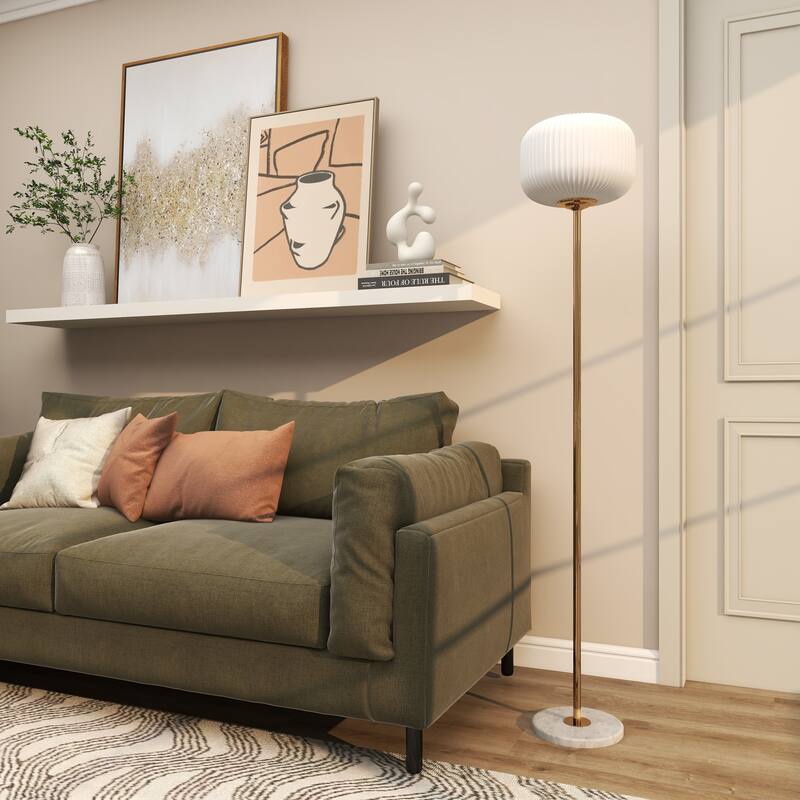 Metal Room Floor Lamp with Round Ribbed Shade - White - CosmoLiving by Cosmopolitan