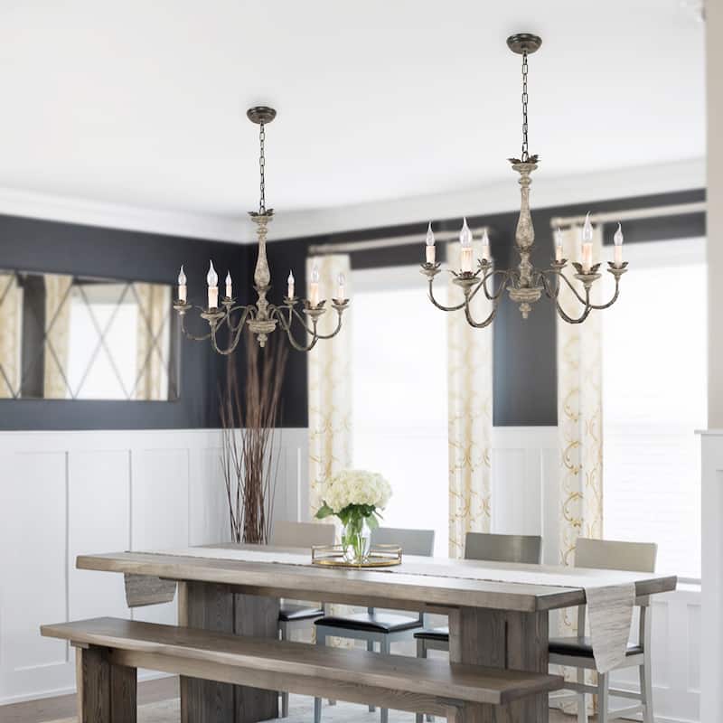Oaks Aura French Traditional Elegant Iron and Wood Chandelier, 6-Light Rustic Bronze Pendant Lighting with Adjustable Chain