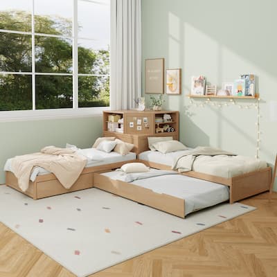 L-Shaped Combination Twin Bed Frame with Trundle and Drawer
