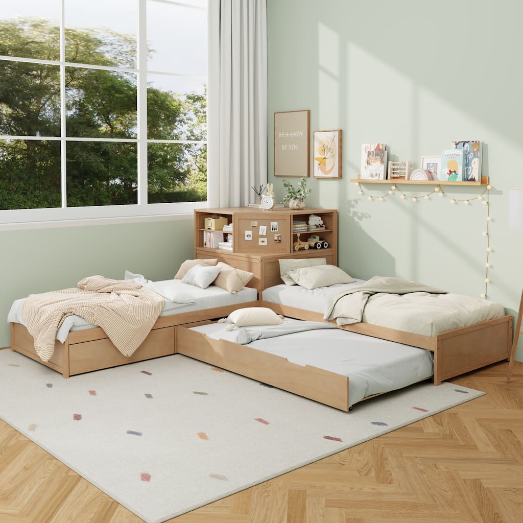 L-Shaped Combination Twin Bed Frame with Trundle and Drawer