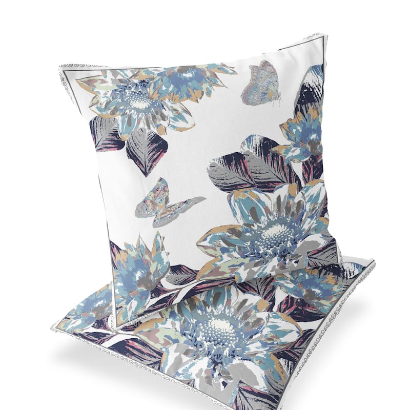 HomeRoots Set of Two 16" X 16" Gray and White Butterfly Blown Seam Floral Indoor Outdoor Throw Pillow - 16.00' X '16.00' X '5.00
