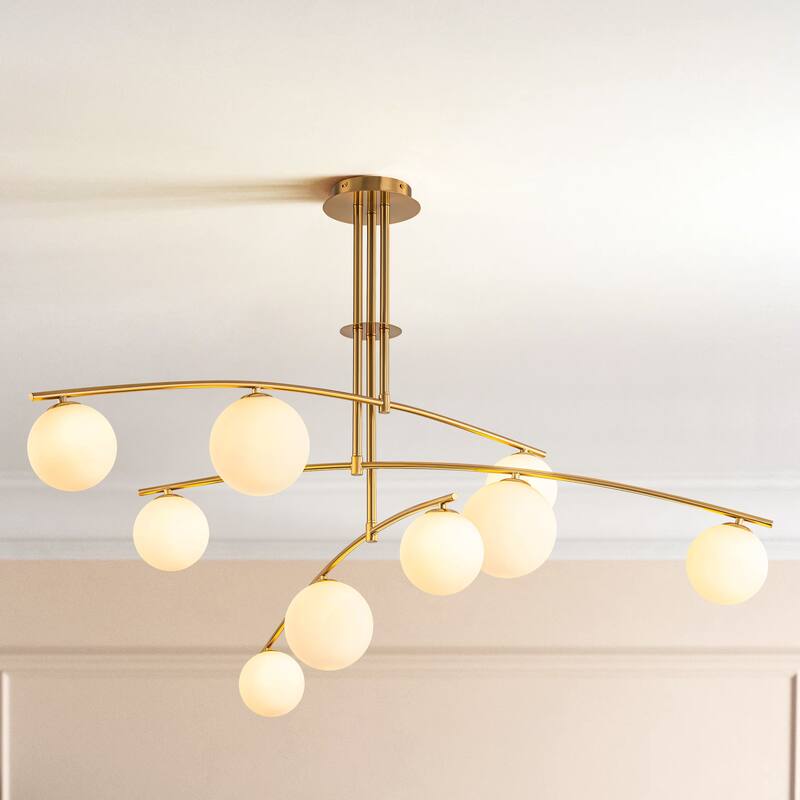 Modern Brass Sputnik Linear Opal Frosted Glass Globe Semi-Flush Mount Light