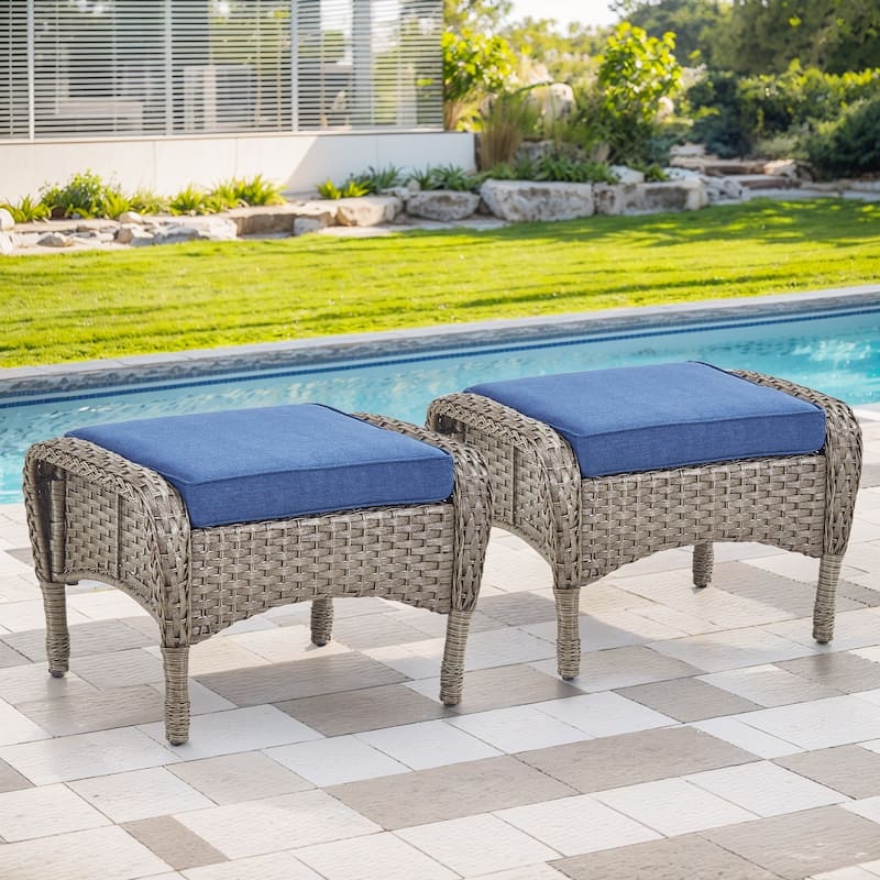 Gymojoy Versatile Outdoor Wicker Ottomans with Soft Cushions - 2-Piece - Grey Wicker / Blue Cushion