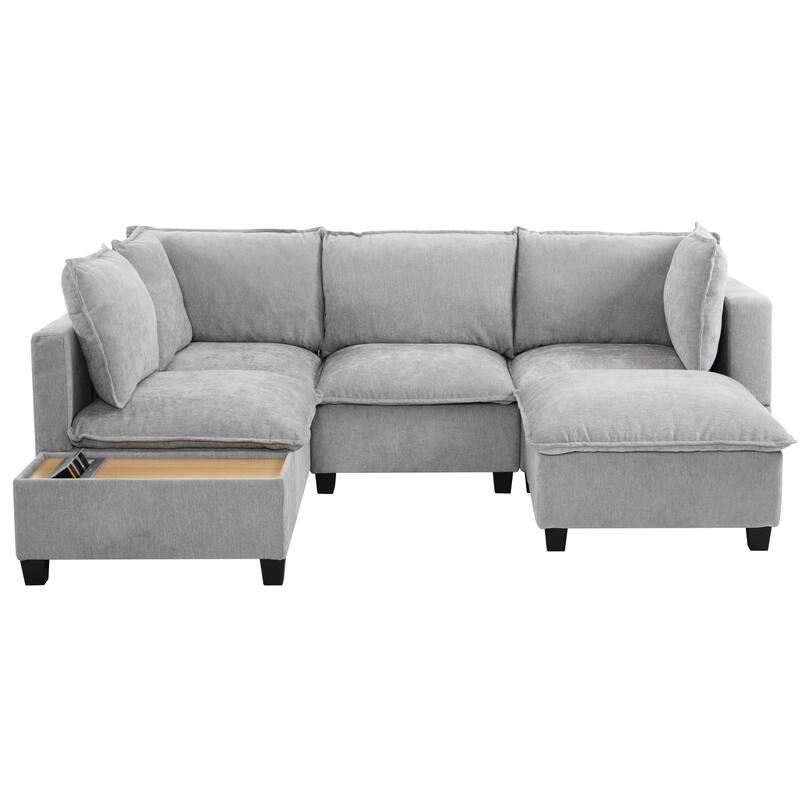 90" U-shaped Sofa with Ottoman and Hidden Charging Coffee Table, Grey Chenille