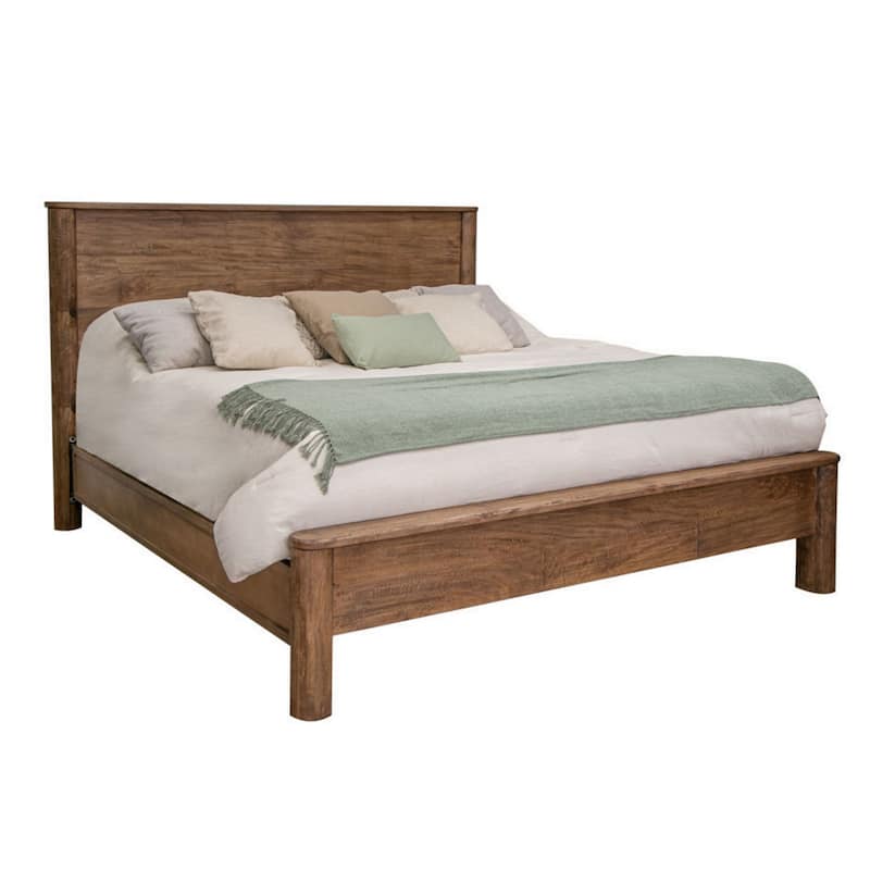 Olum Queen Size Bed, Mango Wood, Grain Details, Rounded Edges, Rustic Brown
