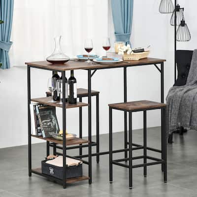 HOMCOM 3 Piece Kitchen Bar Table and Chairs with Storage Shelf, Dining Room Industrial Pub Desk and Stools, Rustic Brown