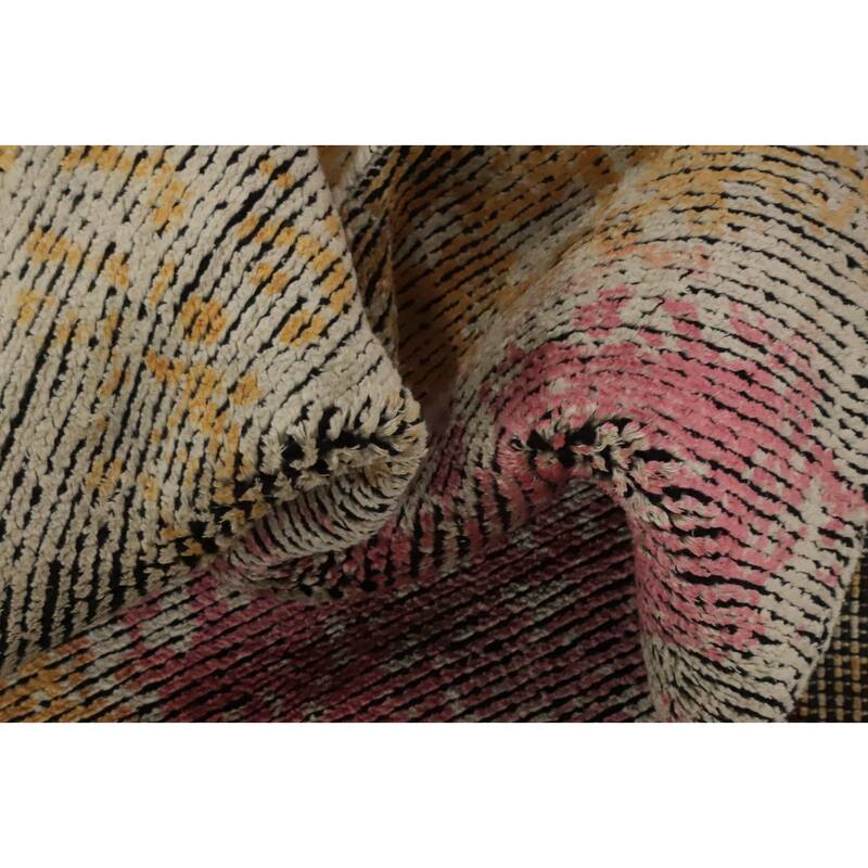Hand Knotted Oriental Viscose Silk Carpet Modern Abstract Multi-Colored Abstract Runner Rug - 8' 5'' X 2' 10''