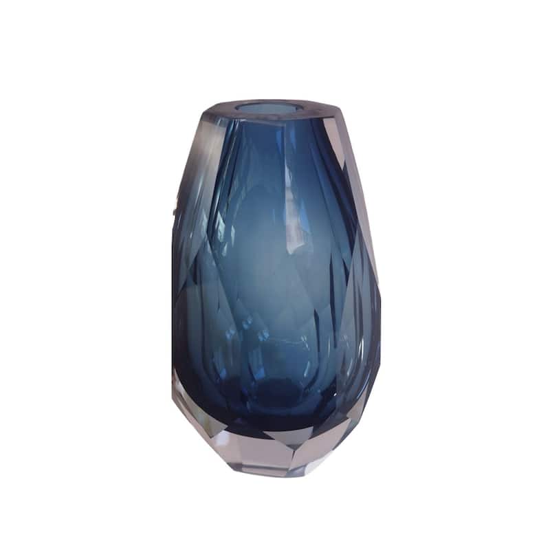 Blue Cut Glass Vase Art Deco Squat Oval Decorative Table Accent