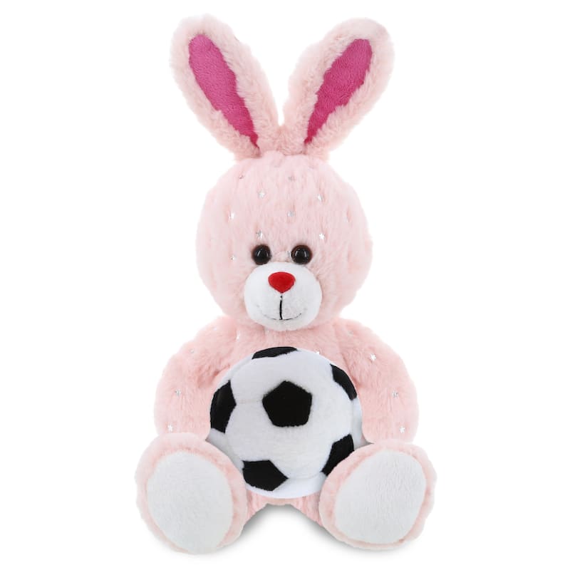 DolliBu Rose Gold Bunny Stuffed Animal with Soccer Ball Plush - 8 inches