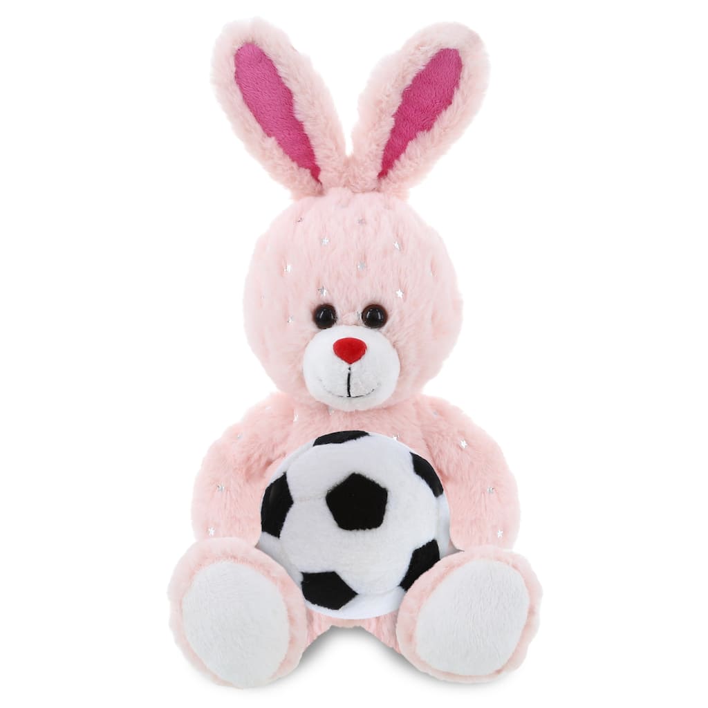 DolliBu Rose Gold Bunny Stuffed Animal with Soccer Ball Plush - 8 inches