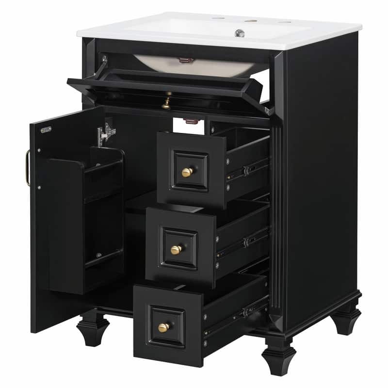 24" Bathroom Vanity with Sink, Freestanding Vanity Cabinet with Flip-Out Drawer, 3 Drawers, Ceramic Top