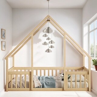 Full Size Wood House-Shaped Floor Bed with Fence and Guardrails, Natural