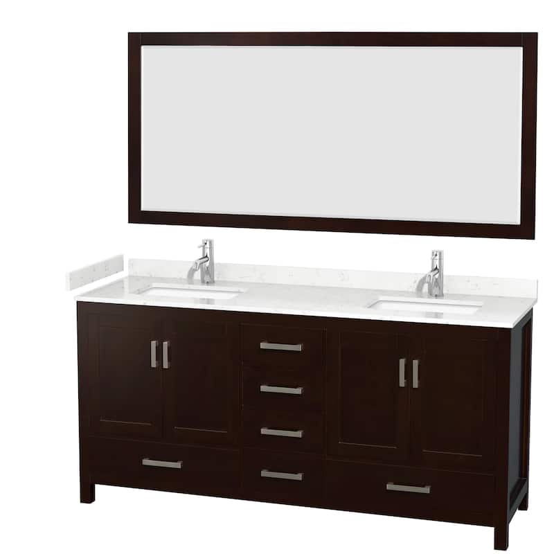 Sheffield Double Bathroom Vanity Set, Cultured Top, 70-Inch Mirror - 72-Inch Double - Espresso, Carrara Cultured Marble Top, Chrome Trim