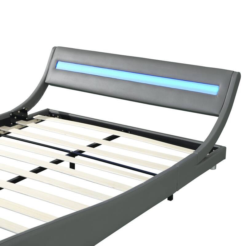 Queen Faux Leather Upholstered Platform Bed with LED & Wood Slat Support