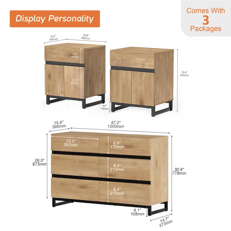 3-Piece Dresser And Nightstand Set, Dresser With 6 Drawers, 2 Nightstand for Bedroom, Bedroom Furniture Set