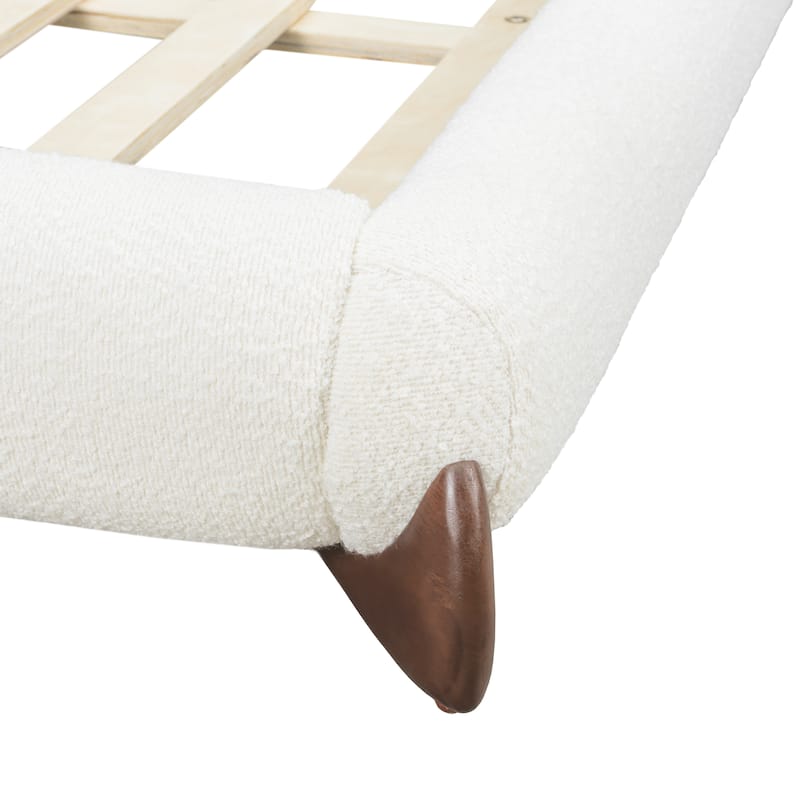 White Upholstered Low-Profile Platform Bed with Boucle Thick Headboard, Solid Wood Legs Grounded Bed Frame, Floor Bed