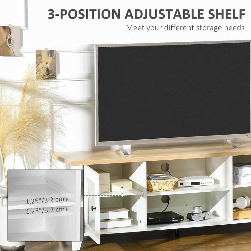 55 Farmhouse Wood TV Console with Open Shelves, Cabinets, and Cable Management for TVs up to 60 Inches.
