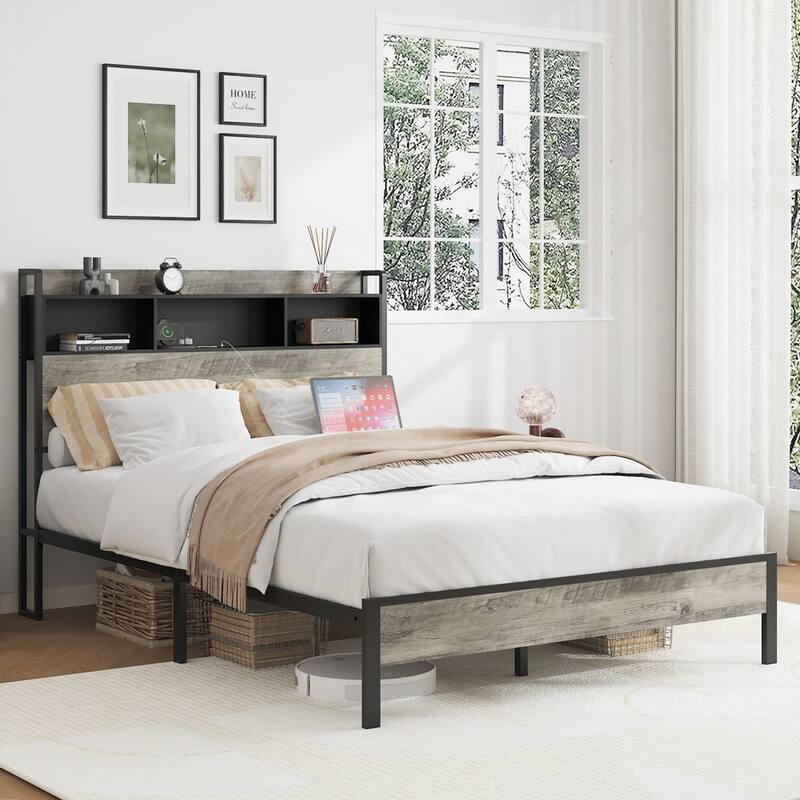 Bed frame with storage space at the head of the bed and a charging statio