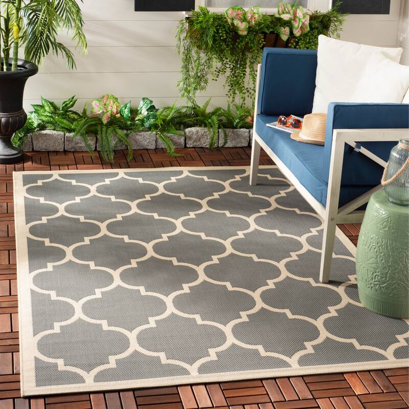 SAFAVIEH Courtyard Kathy Indoor/ Outdoor Waterproof Patio Backyard Rug - 4' x 5'7" - Anthracite/Beige