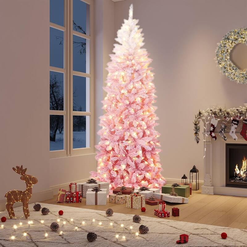 6FT Purple Gradient Pencil Christmas Tree – Prelit with 100 Dual Color LEDs, Snow Flocked, 320 Branch Tips,Metal Stand - 9 Foot - WHITE&PINK