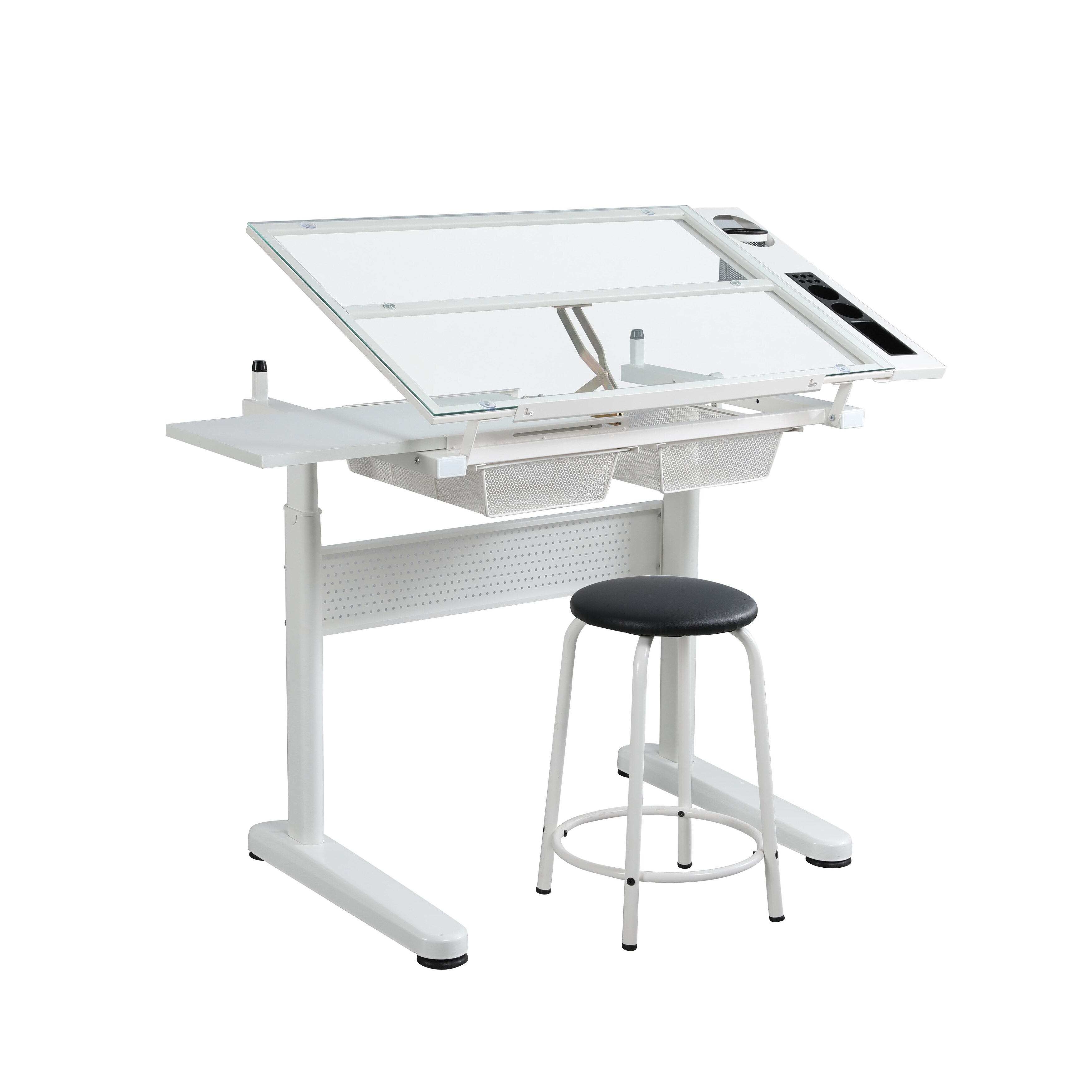 Hand Crank Drafting Table Drawing Desk Artist Table with Stool Tilting Glass Tabletop Art Craft Desk w 2 Storage Drawers