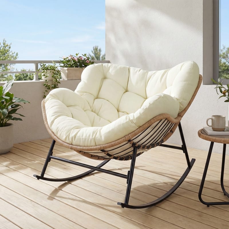 Oversized Indoor Outdoor Royal Papasan Rocking Chair, Patio Egg Rocker with Cushions, 450 lb Capacity - 1 PC-Beige