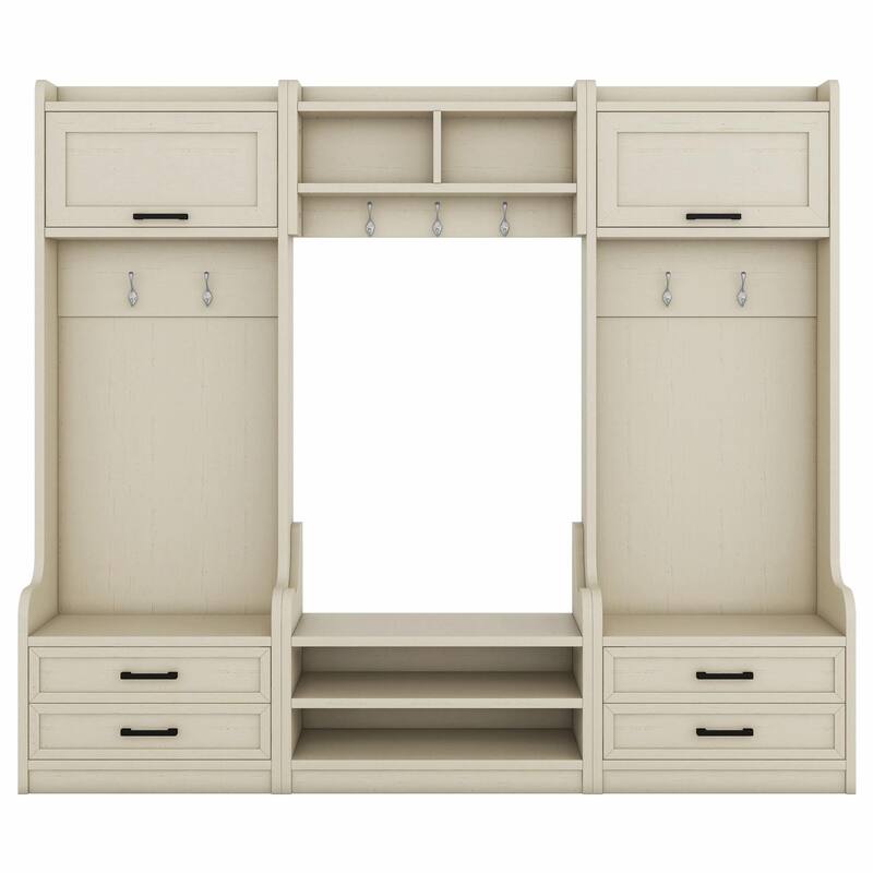 4-in-1 Entryway Hall Tree with Storage, 7 Hooks & Drawers, Beige