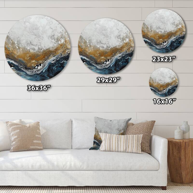Designart "Grey Gold Modern Abstract Contemporary II" Abstract Marble Metal Round Wall Art