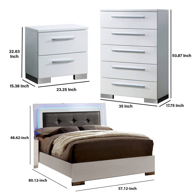 Luna 3 Pc Full Size Bedroom Set, LED Tufted Headboard and Glossy White