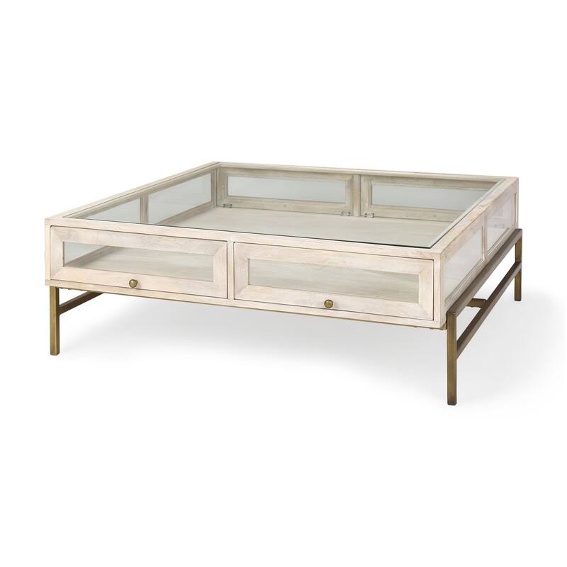 HomeRoots 44" Off White Clear And Gold Solid Wood Glass And Iron Storage Coffee Table - 43.5' X '15' X '43.5