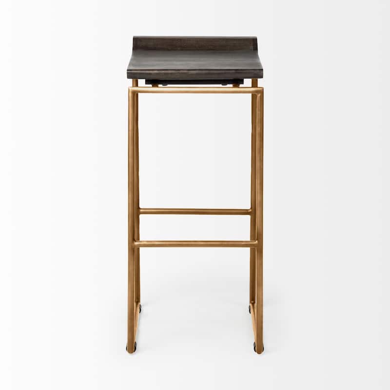 Givens Dark Brown Solid Wood Seat with Gold Metal Frame Bar Stool - 14"W x 15.8"D x 31.8"H