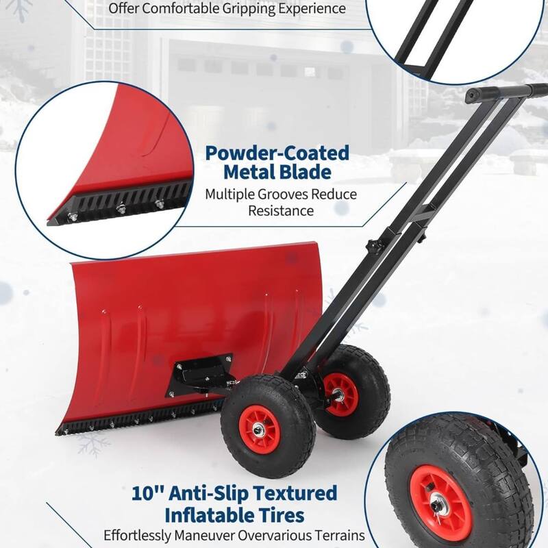 29.13x19.8 in Heavy Duty Rolling Snow Pusher Shovel for Driveway, Doorway, Sidewalk