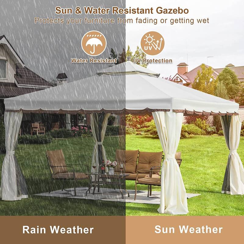 EROMMY Outdoor Canopy Gazebo Double Roof Patio Gazebo with Soft Top, includes Curtains