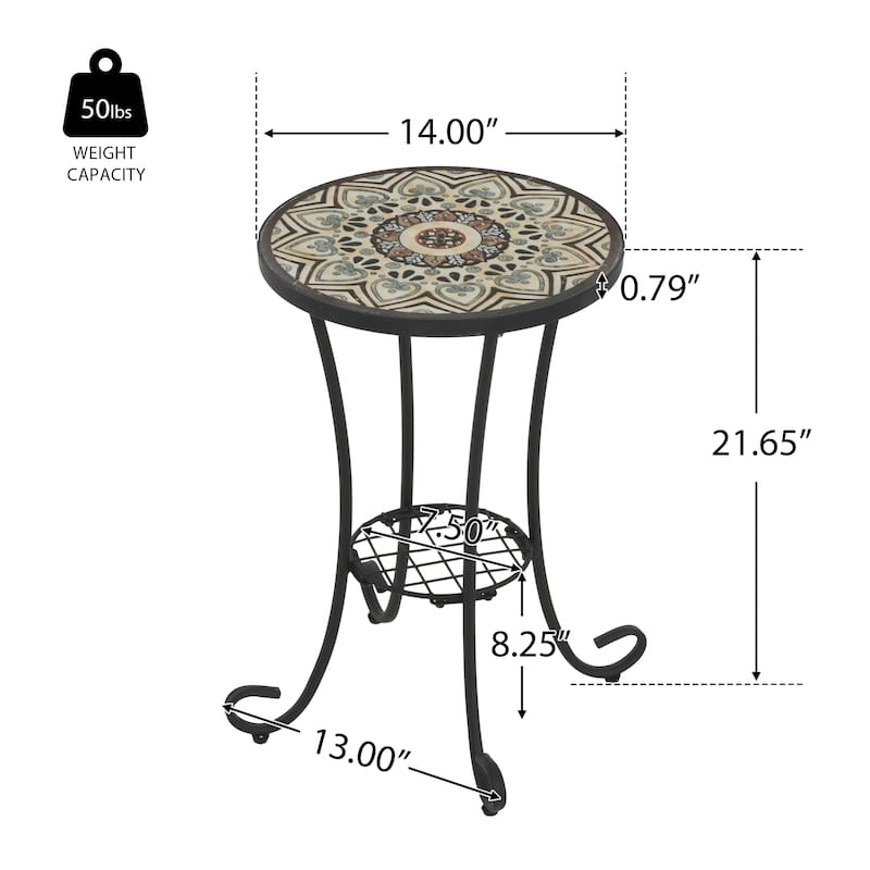 Roomfitters Outdoor Patio Side Table with Ceramic Tile Top and Lower Shelf, Floral