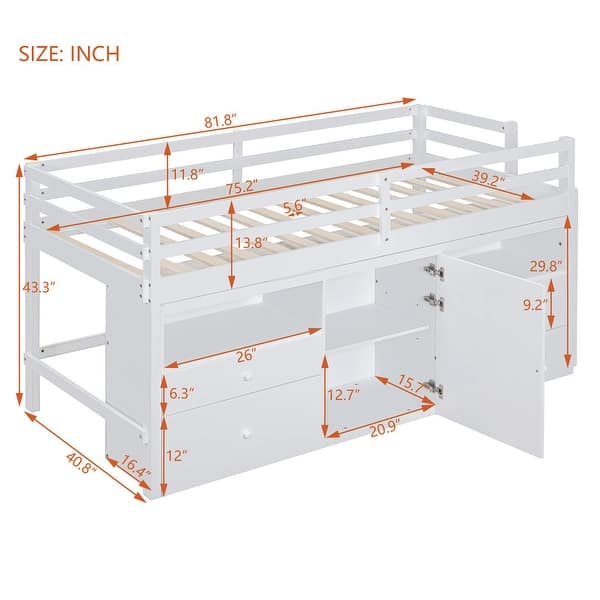 dimension image slide 1 of 3, Double loft bed with 4 drawers under cabinets and shelves, white
