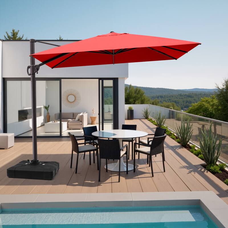 9 x 11 ft Patio Cantilever Offset Umbrella 360-degree Rotation with Base - Red