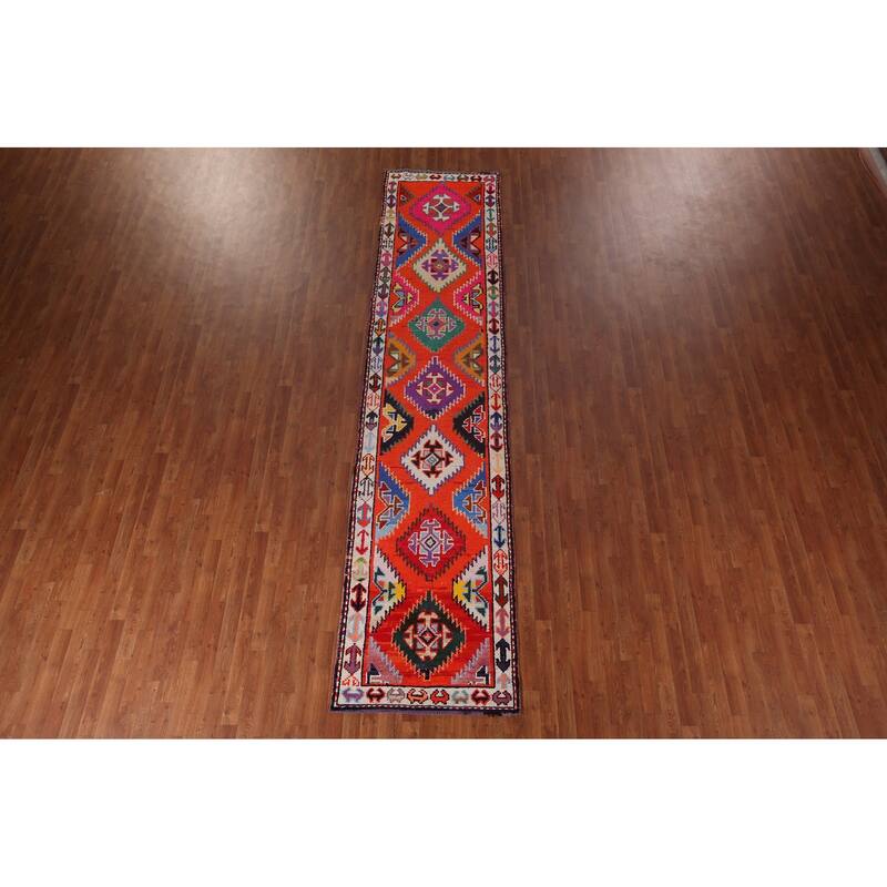 Orange Tribal Anatolian Oriental Runner Rug Handmade Silk Carpet - 3'0"x 13'3"