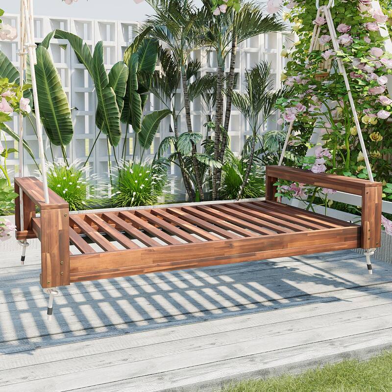 Twin Size Porch Swing Bed Seating Group, Patio Acacia Wood Swing Frame with Hemp Ropes for Garden, Backyard - Natural