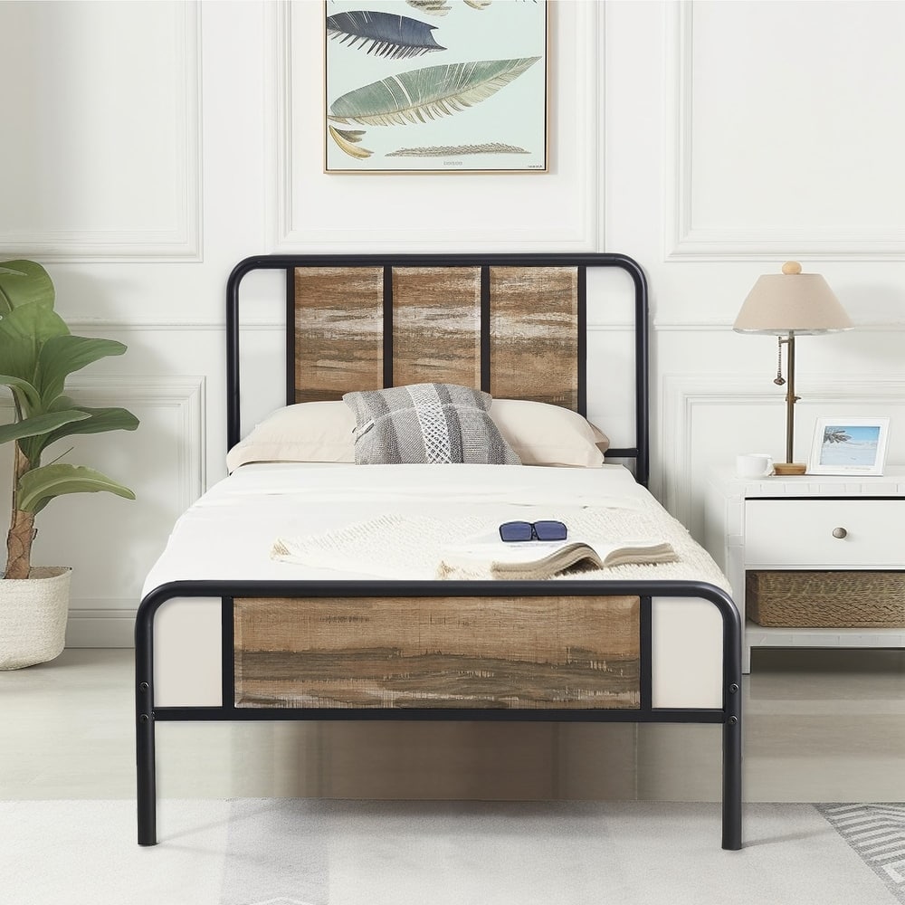 Javlergo Platform Bed Frame with Wooden Headboard, No Box Spring Needed, Slate