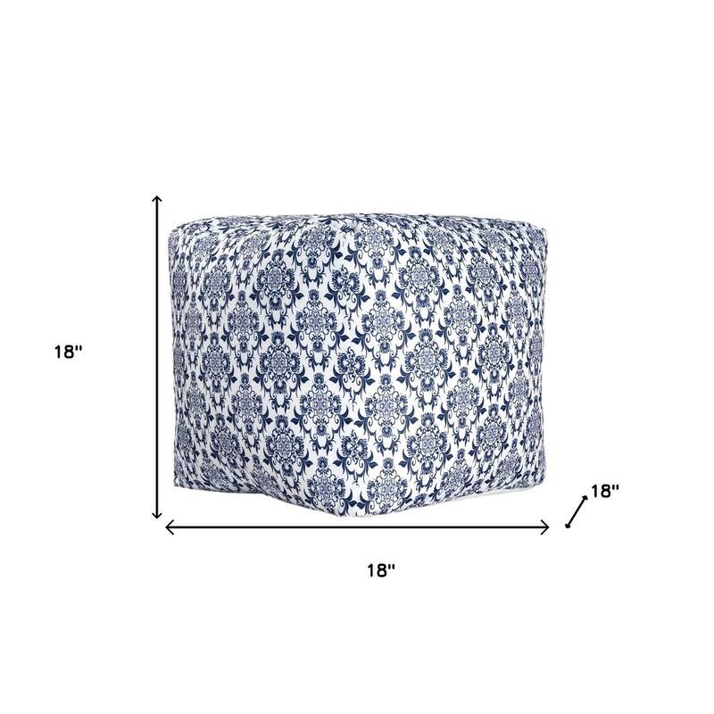 HomeRoots 18" Blue and White Upholstered Floral Pouf Ottoman