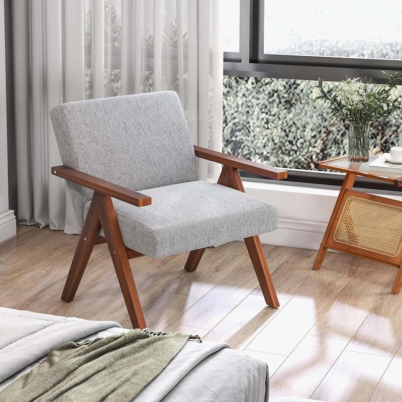 Modern Accent Chair Linen Fabric Armchair w/ Wood Frame Cushions