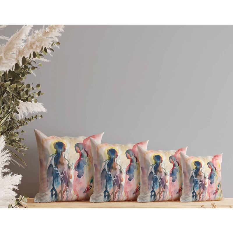 Two Human Feathers Faux Suede Reversible Throw Pillow Pink and Multi