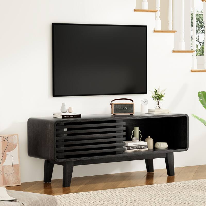 TV Stand for TV Up to 59 Inch, Entertainment Center with Storage Cabinet and Sliding Door, Mid-Modern Century Console Table