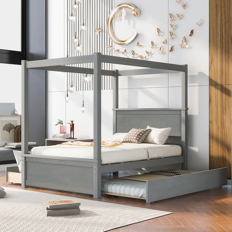 Wood Canopy Bed with Trundle Bed and Two Drawers,Full Size Canopy