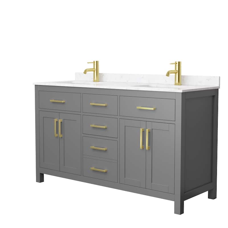 Beckett 60 Inch Double Vanity, Cultured Marble Top - Dark Gray, Gold Trim, Carrara Cultured Marble Top